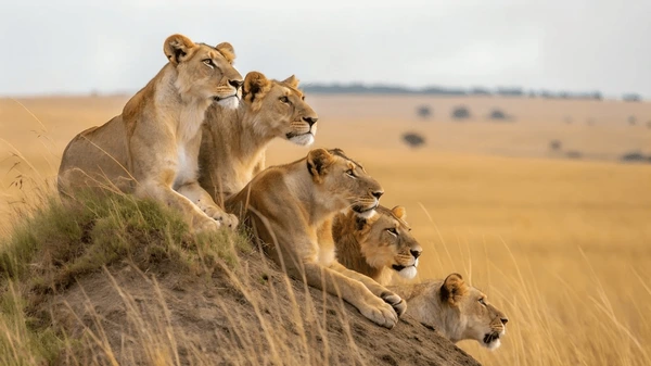 Four lionesses lying and resting on green grass in the African savannah