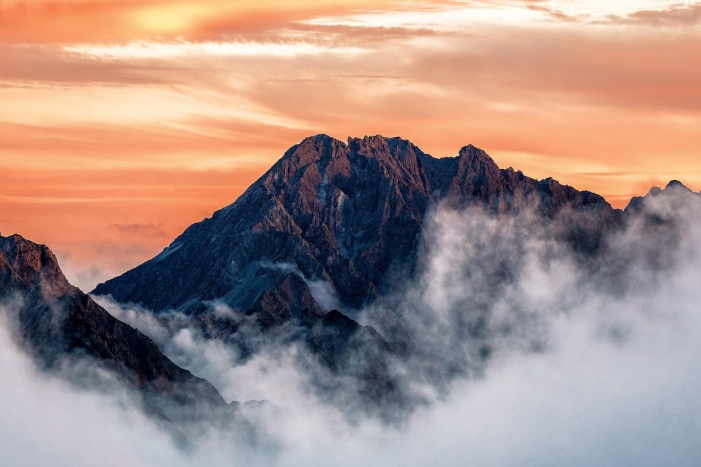 mountains, mt kitahotaka, sunset, landscape, evening, clouds, nature, chubu mountain national park, japan
