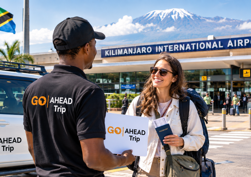 GoAhead Trip guide welcoming a traveler at Kilimanjaro International Airport in Tanzania